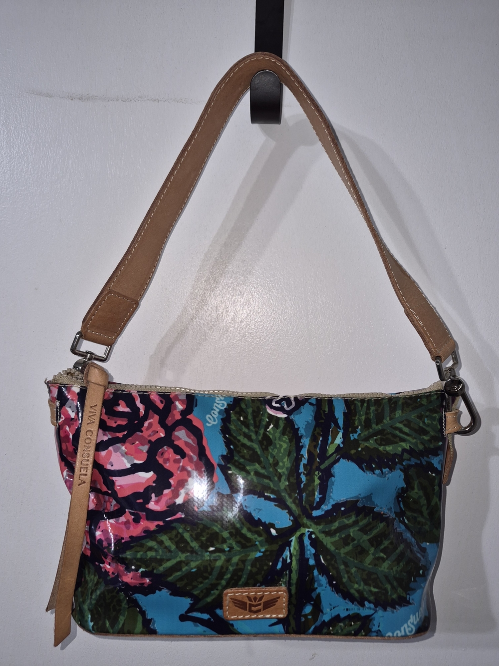 Consuela Blue Floral Patent Shoulder Bag with Tan Strap